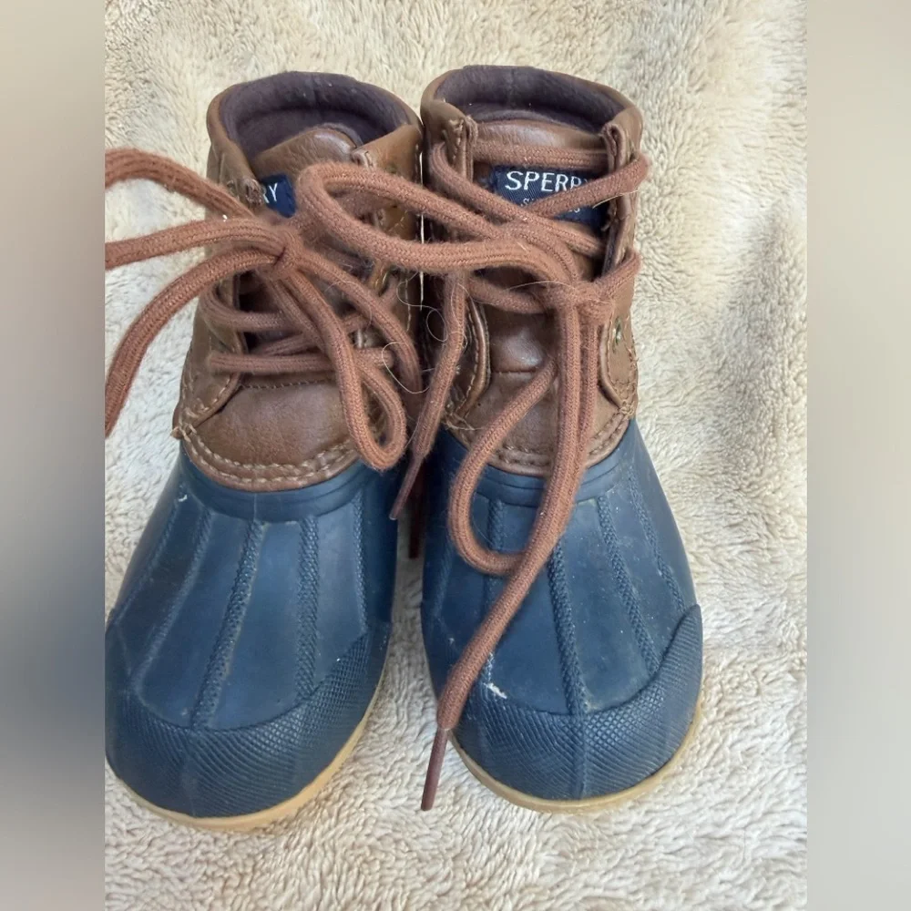 Sperry Toddler Kids Port‎ Blue Brown Duck Lace Up Winter Rain Boots Sz 6M EUC